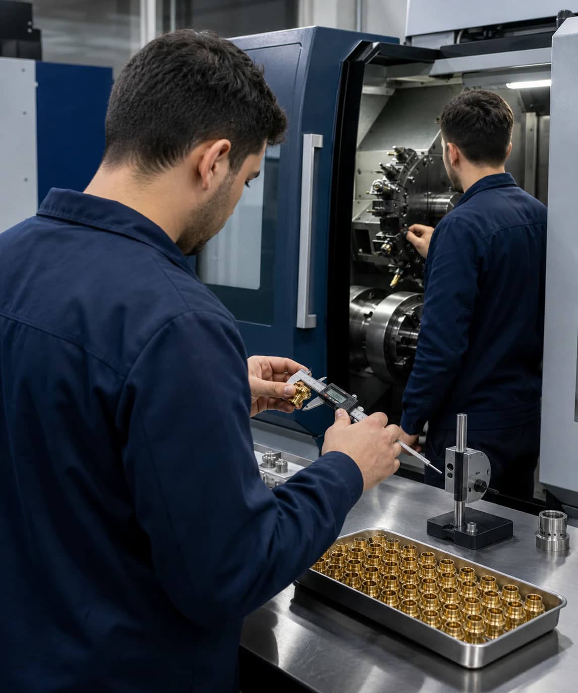CNC üretim alanında hassas parçaları kontrol eden teknik ekip