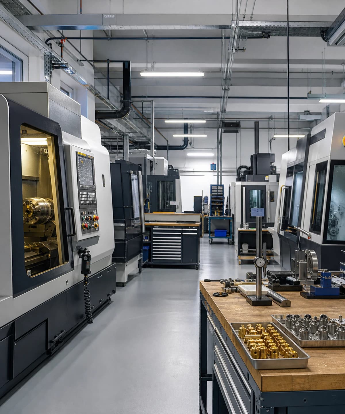 Düzenli CNC torna ve freze tezgahlarının bulunduğu üretim atölyesi