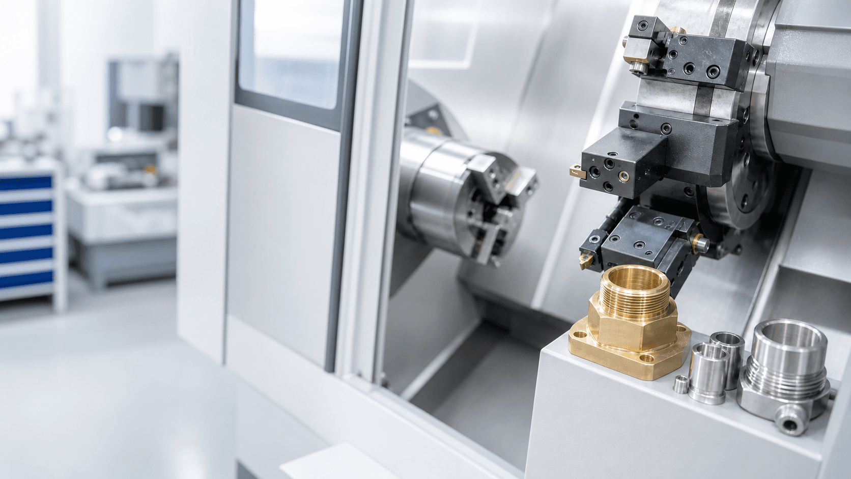 Aydınlık üretim alanında CNC torna tezgahı ve işlenmiş pirinç parça